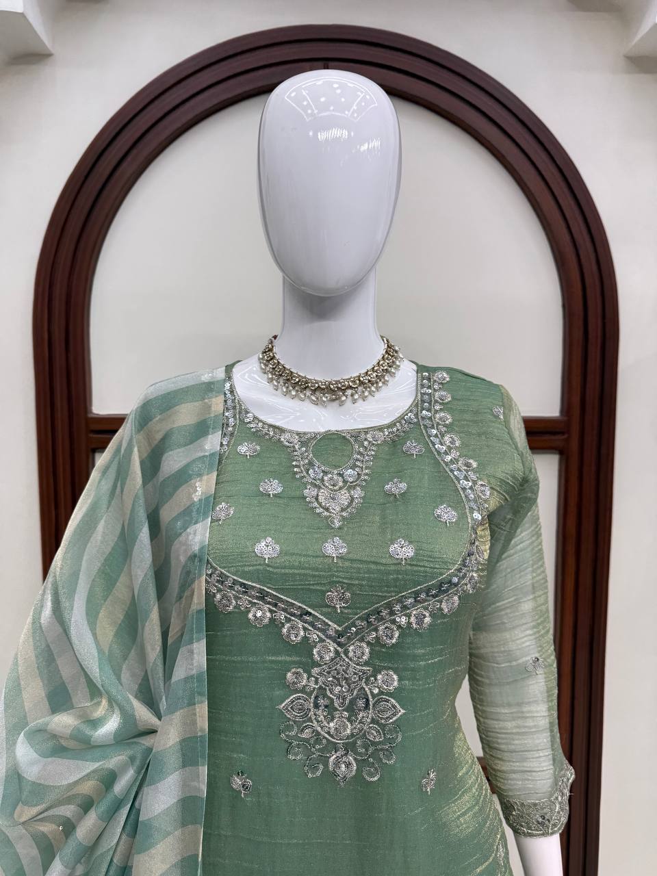 Sage Green Silver Embroidered Sharara Suit with Striped Dupatta