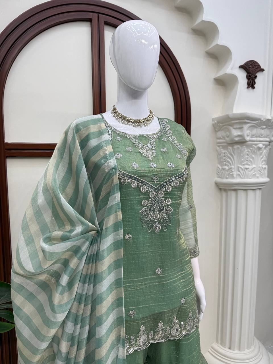 Sage Green Silver Embroidered Sharara Suit with Striped Dupatta