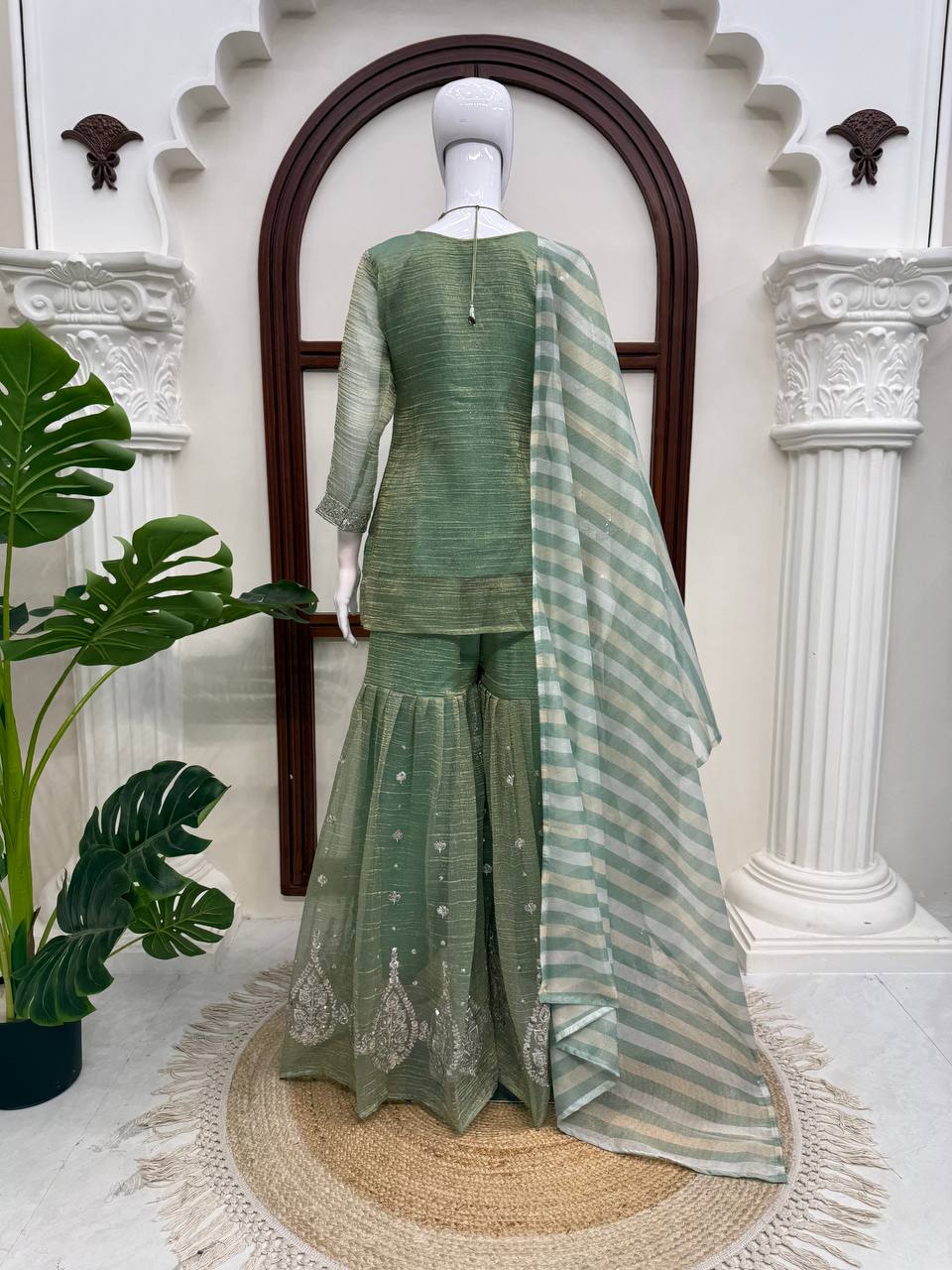 Sage Green Silver Embroidered Sharara Suit with Striped Dupatta