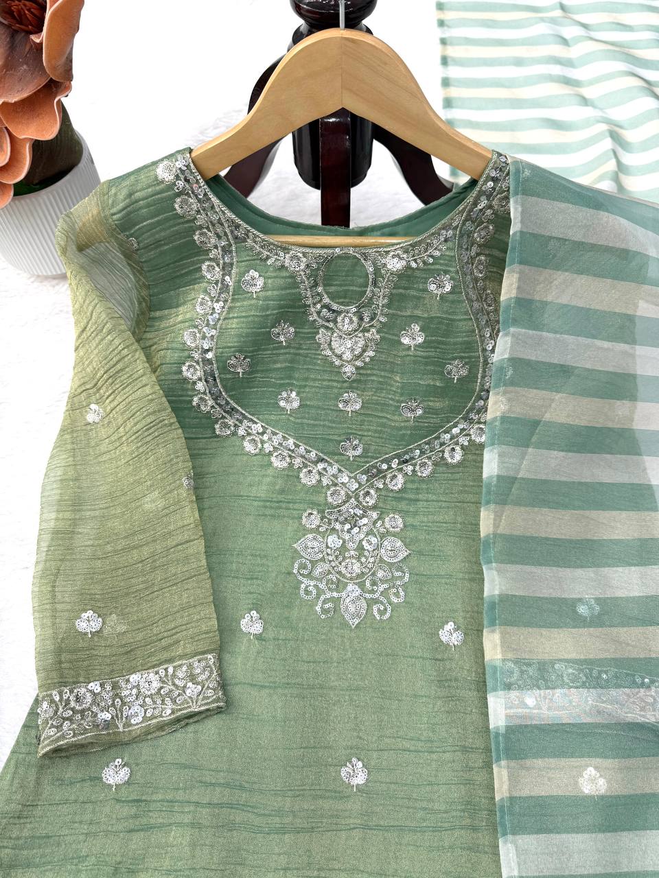 Sage Green Silver Embroidered Sharara Suit with Striped Dupatta