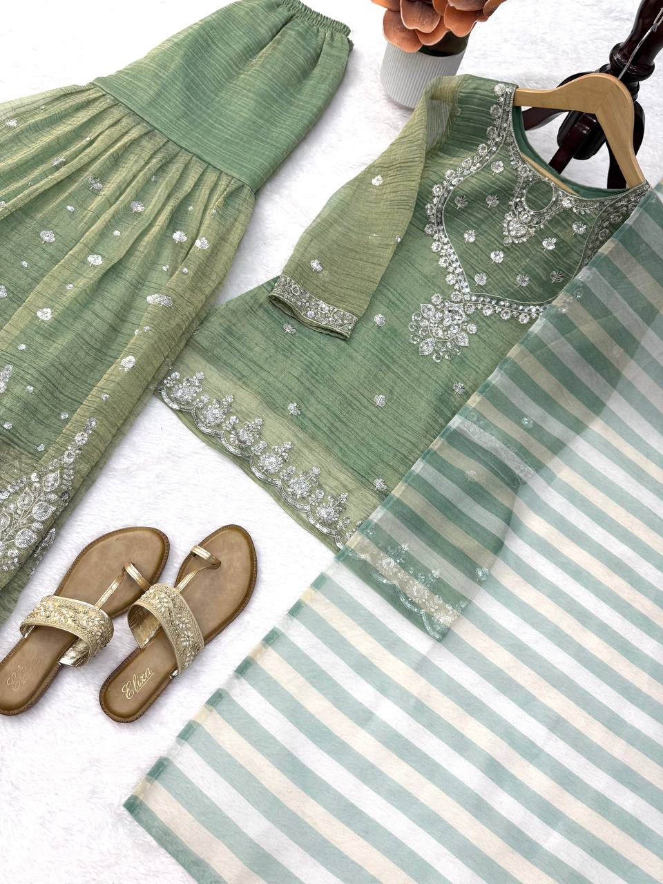Sage Green Silver Embroidered Sharara Suit with Striped Dupatta