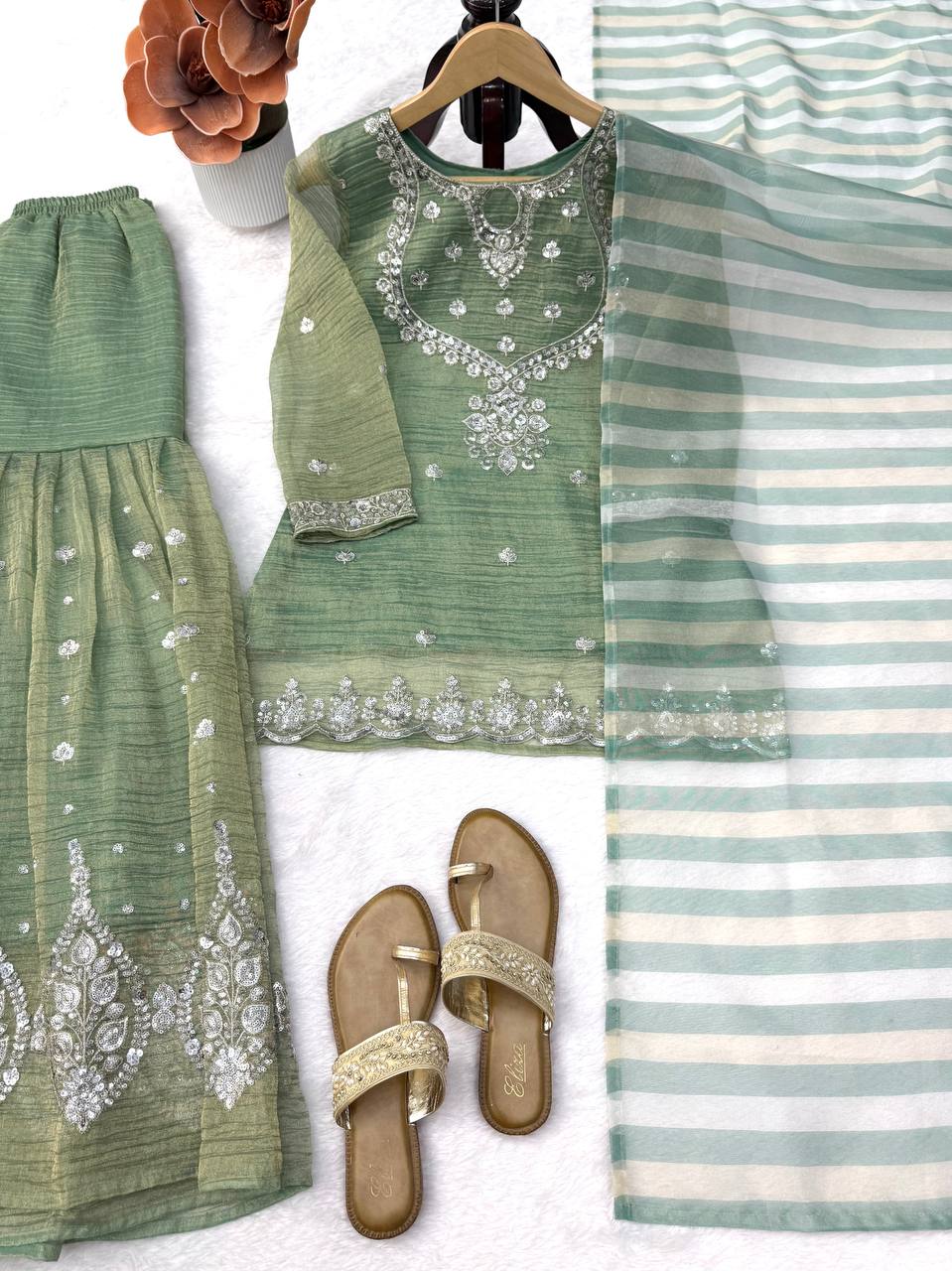 Sage Green Silver Embroidered Sharara Suit with Striped Dupatta