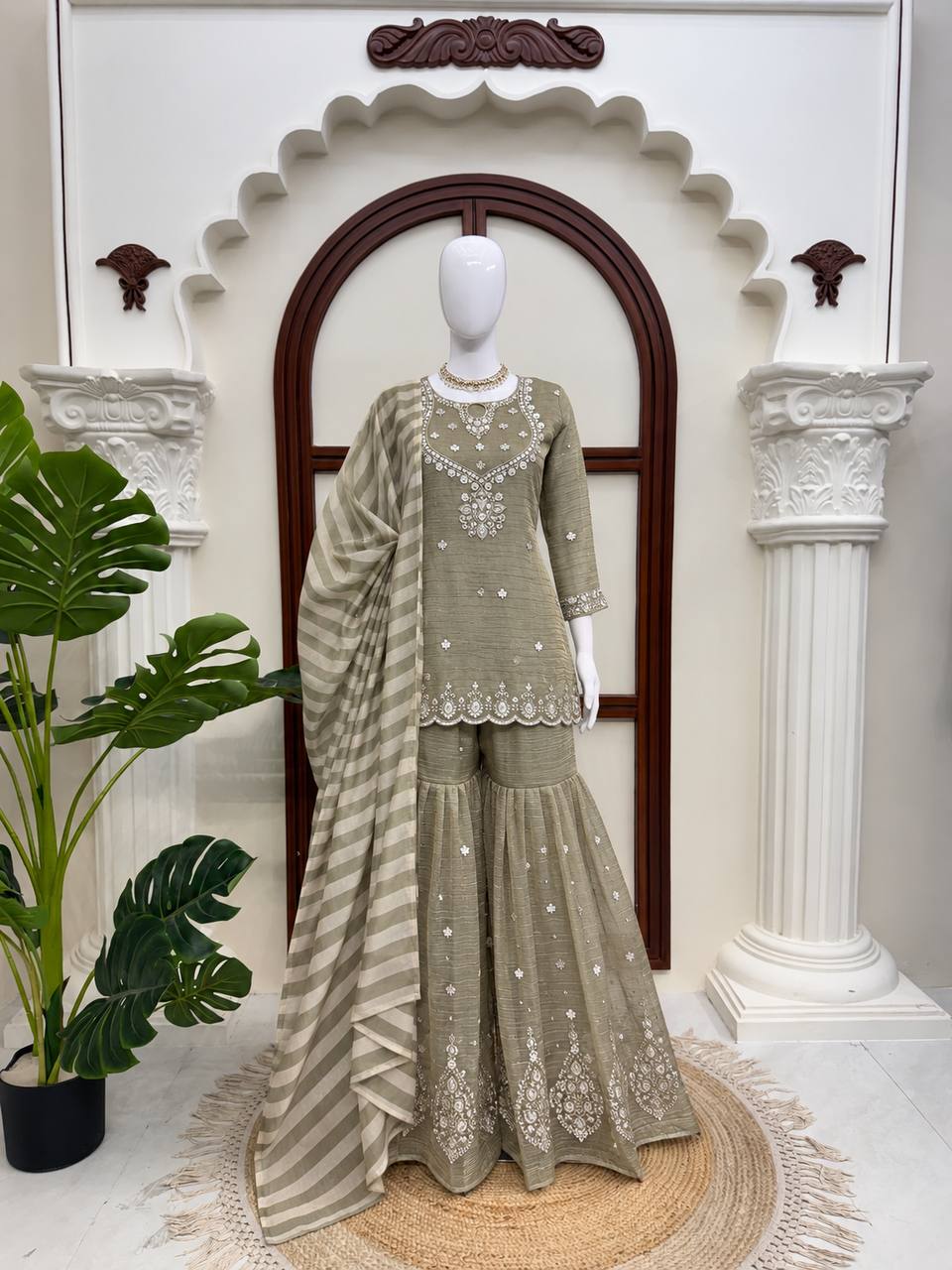 Olive Beige Silver Embroidered Sharara Suit with Striped Dupatta