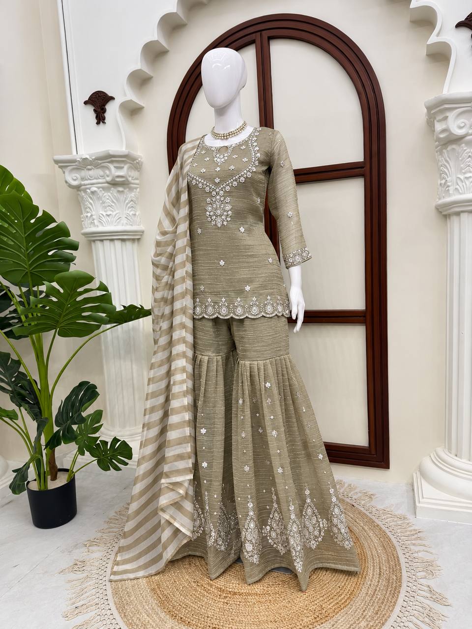 Olive Beige Silver Embroidered Sharara Suit with Striped Dupatta