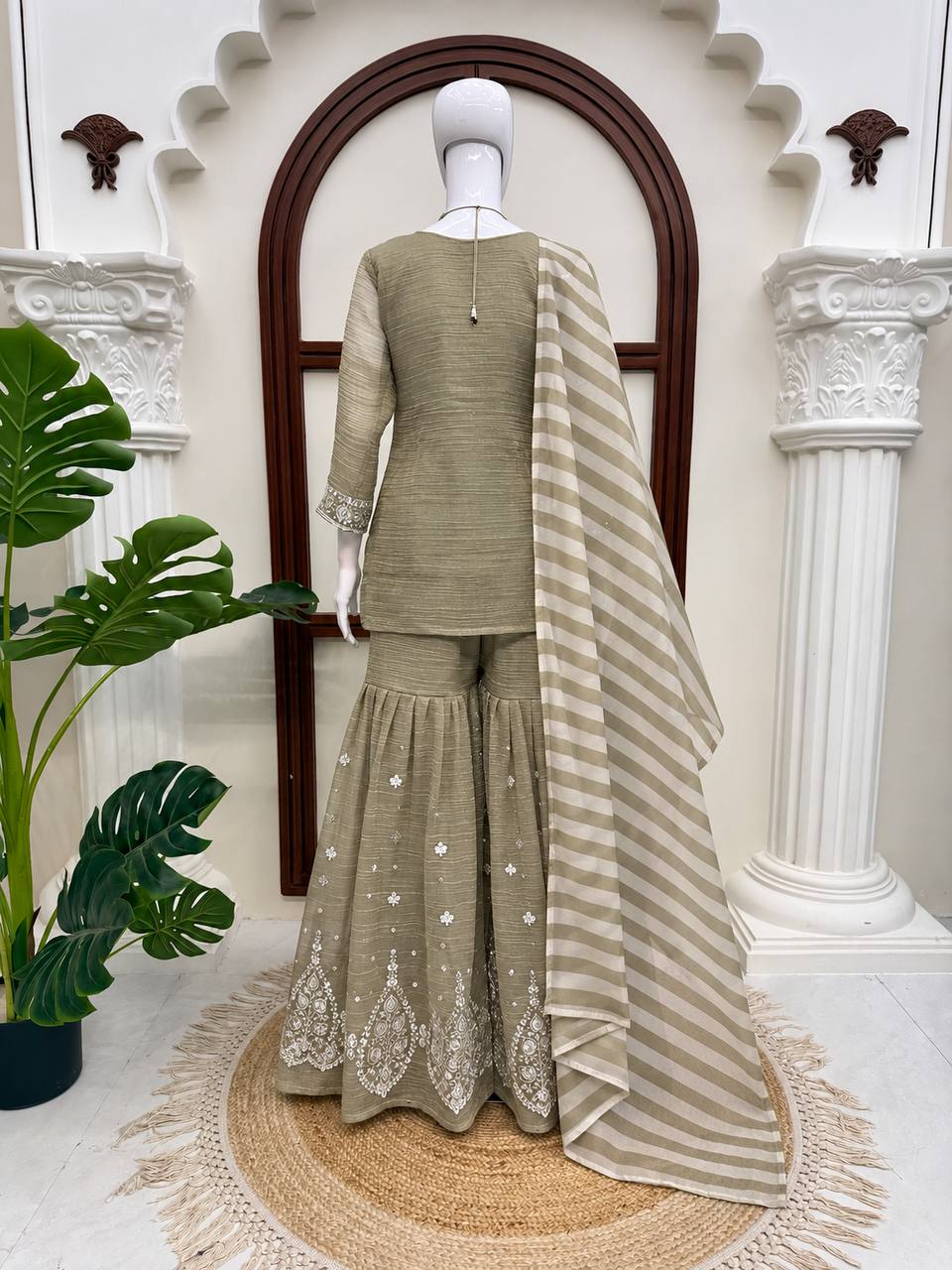 Olive Beige Silver Embroidered Sharara Suit with Striped Dupatta