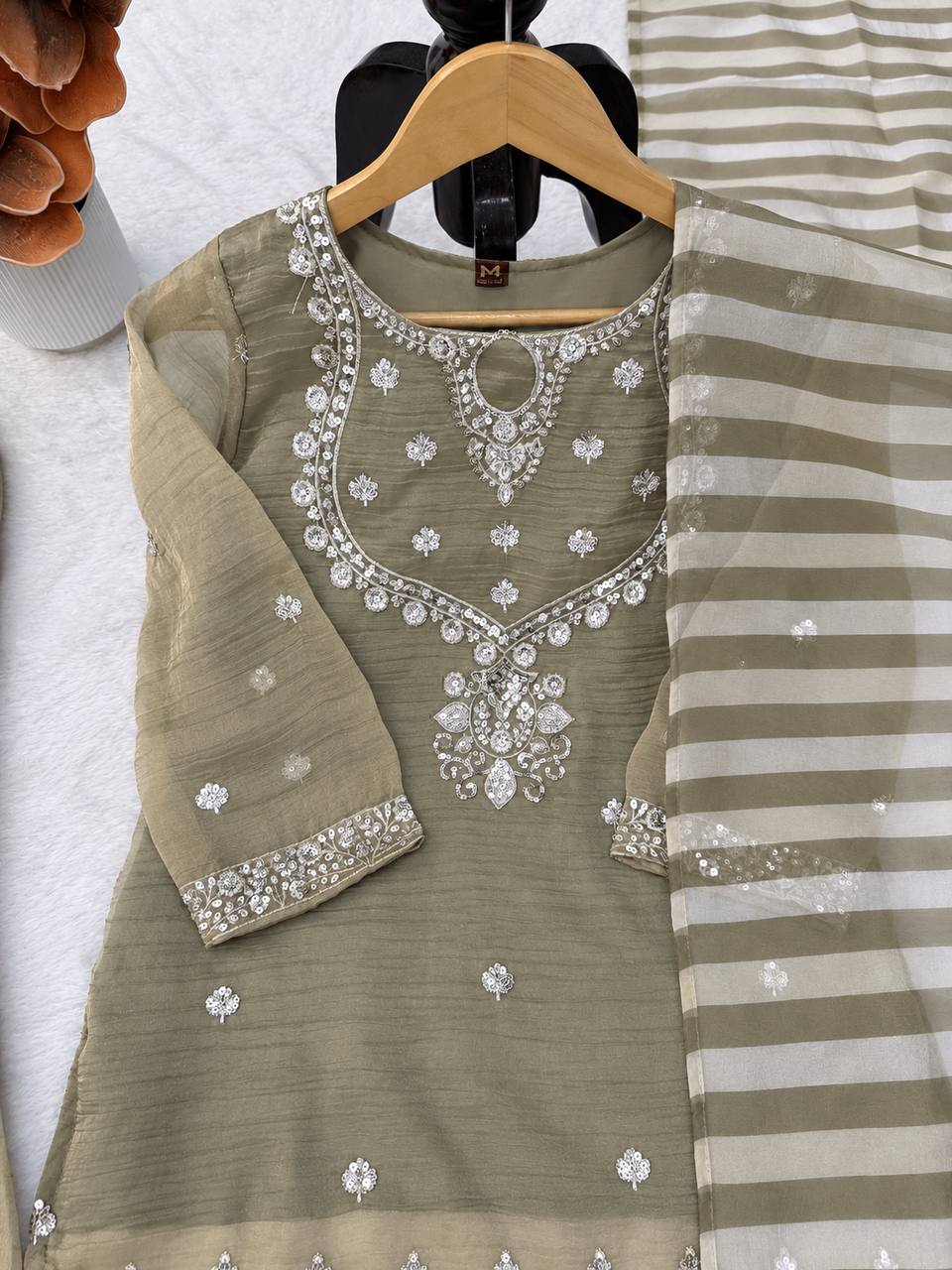Olive Beige Silver Embroidered Sharara Suit with Striped Dupatta