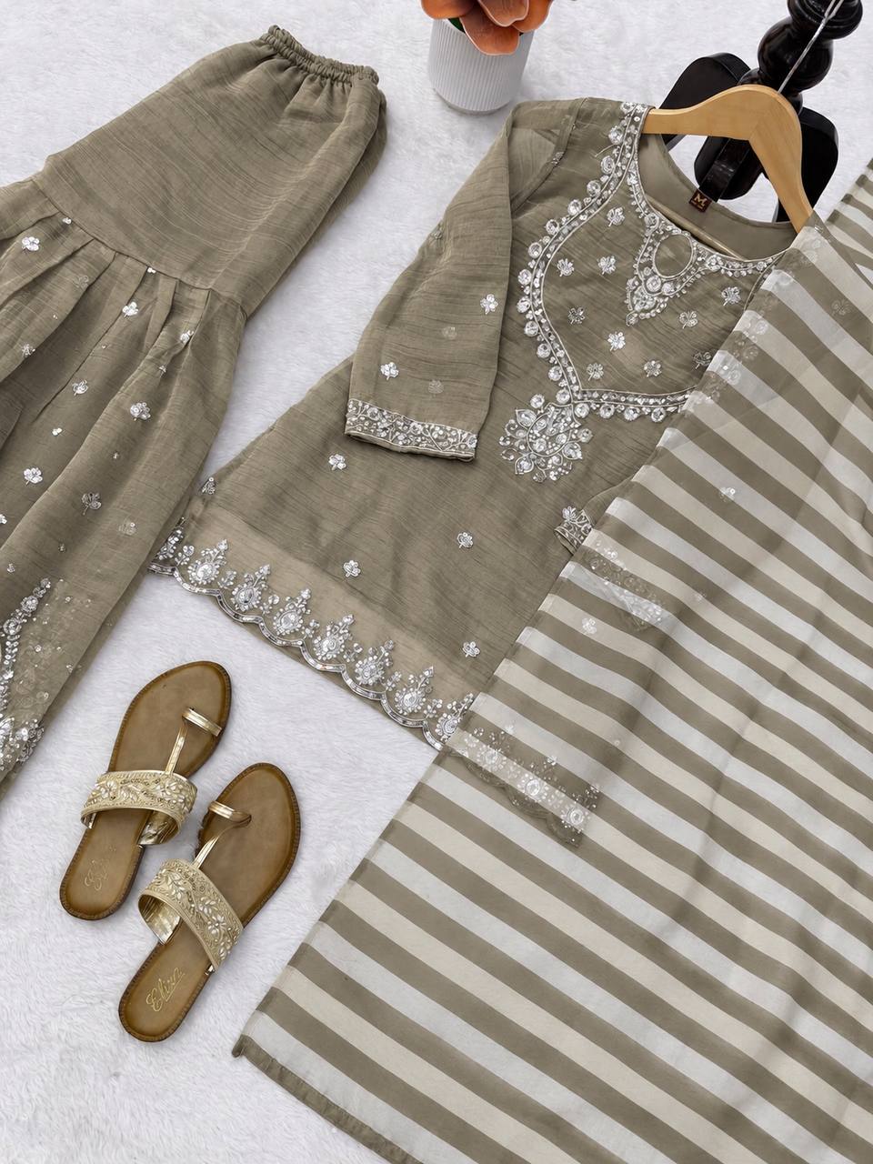 Olive Beige Silver Embroidered Sharara Suit with Striped Dupatta