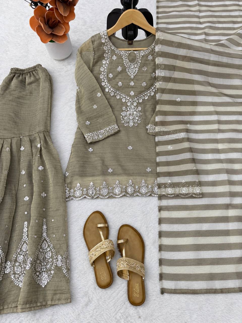 Olive Beige Silver Embroidered Sharara Suit with Striped Dupatta