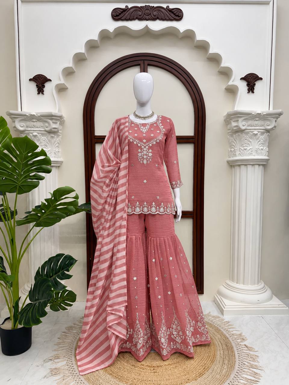 Dusty Rose Pink Silver Embroidered Sharara Suit with Striped Dupatta