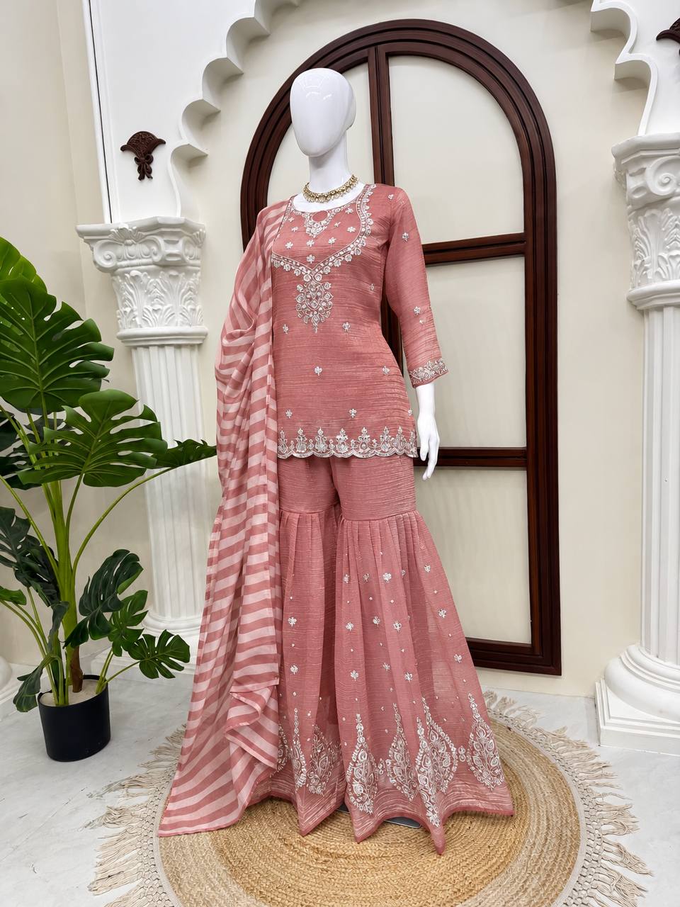 Dusty Rose Pink Silver Embroidered Sharara Suit with Striped Dupatta