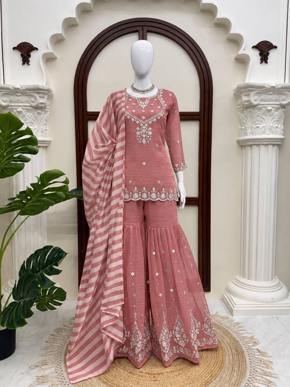 Dusty Rose Pink Silver Embroidered Sharara Suit with Striped Dupatta