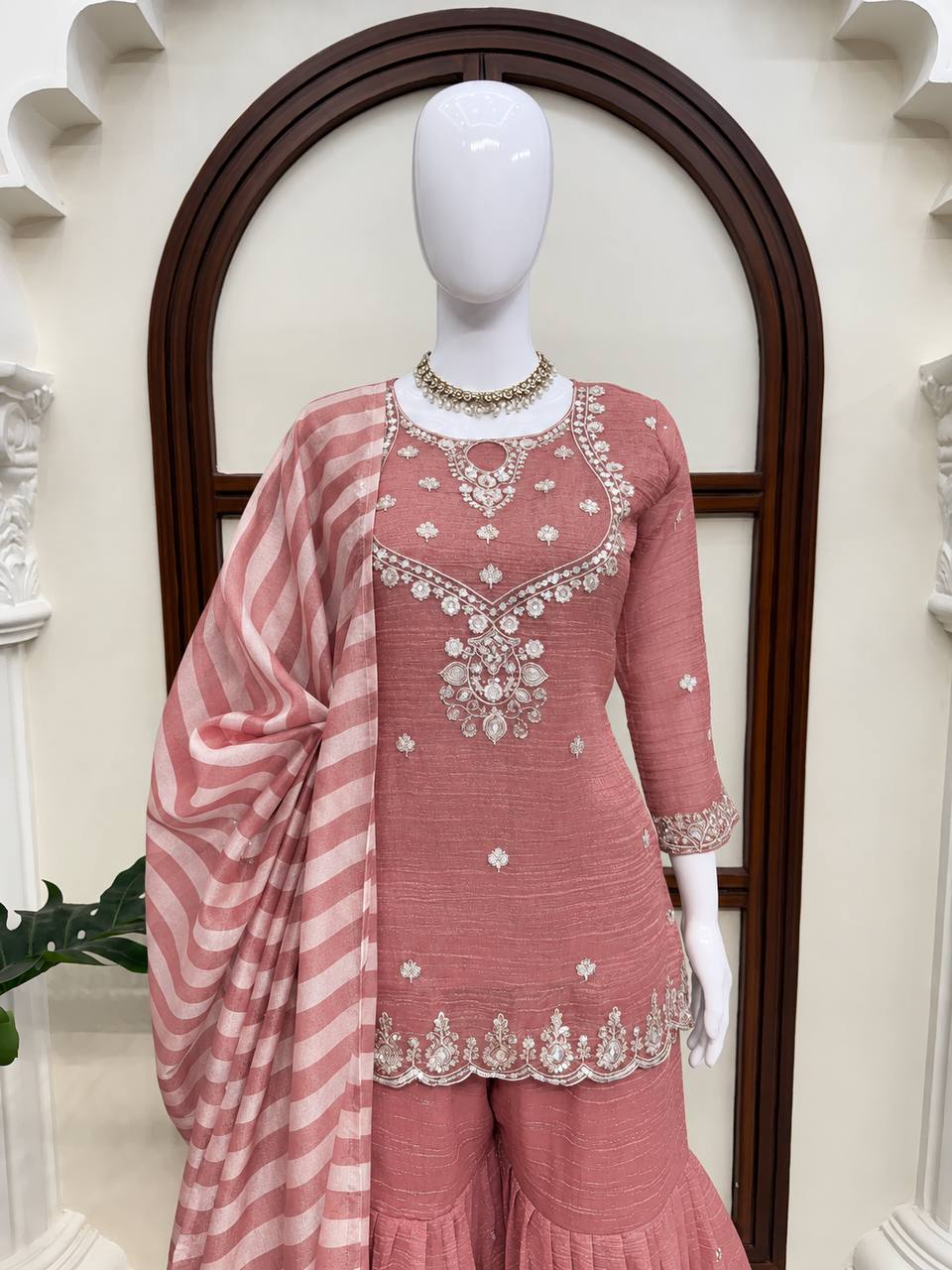 Dusty Rose Pink Silver Embroidered Sharara Suit with Striped Dupatta