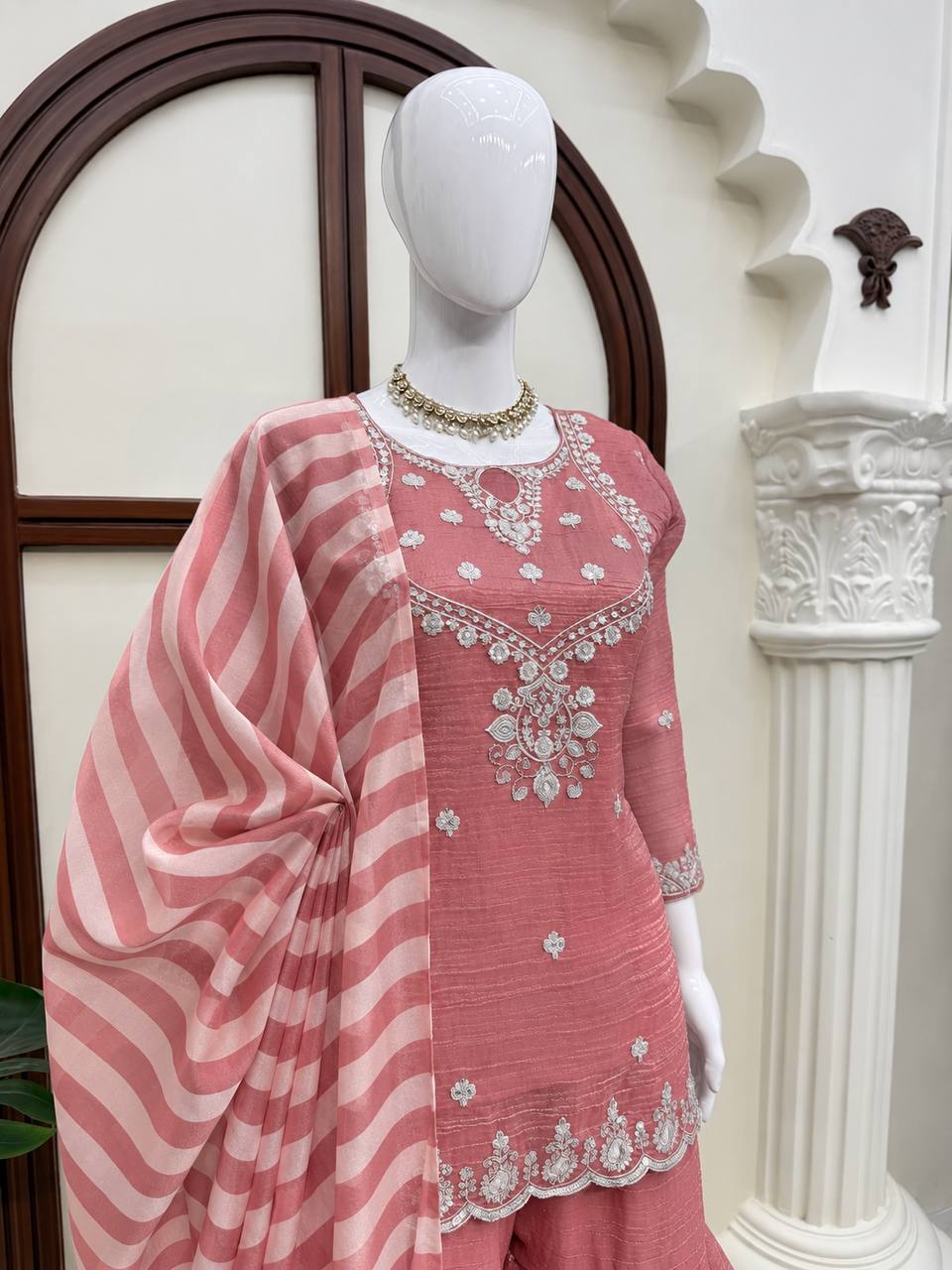Dusty Rose Pink Silver Embroidered Sharara Suit with Striped Dupatta