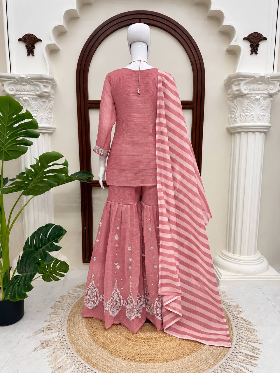 Dusty Rose Pink Silver Embroidered Sharara Suit with Striped Dupatta