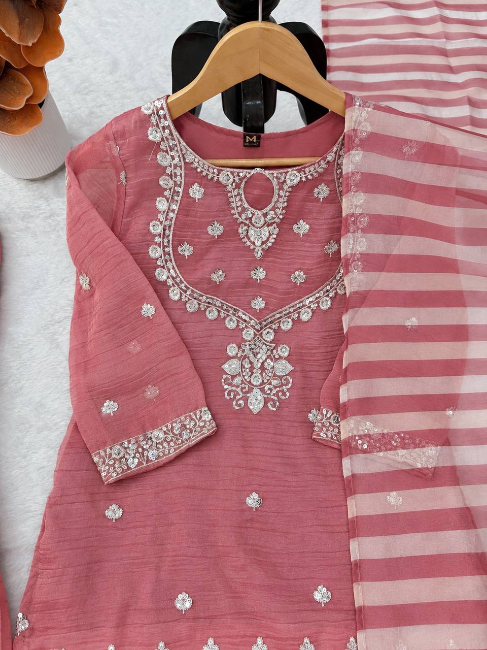 Dusty Rose Pink Silver Embroidered Sharara Suit with Striped Dupatta