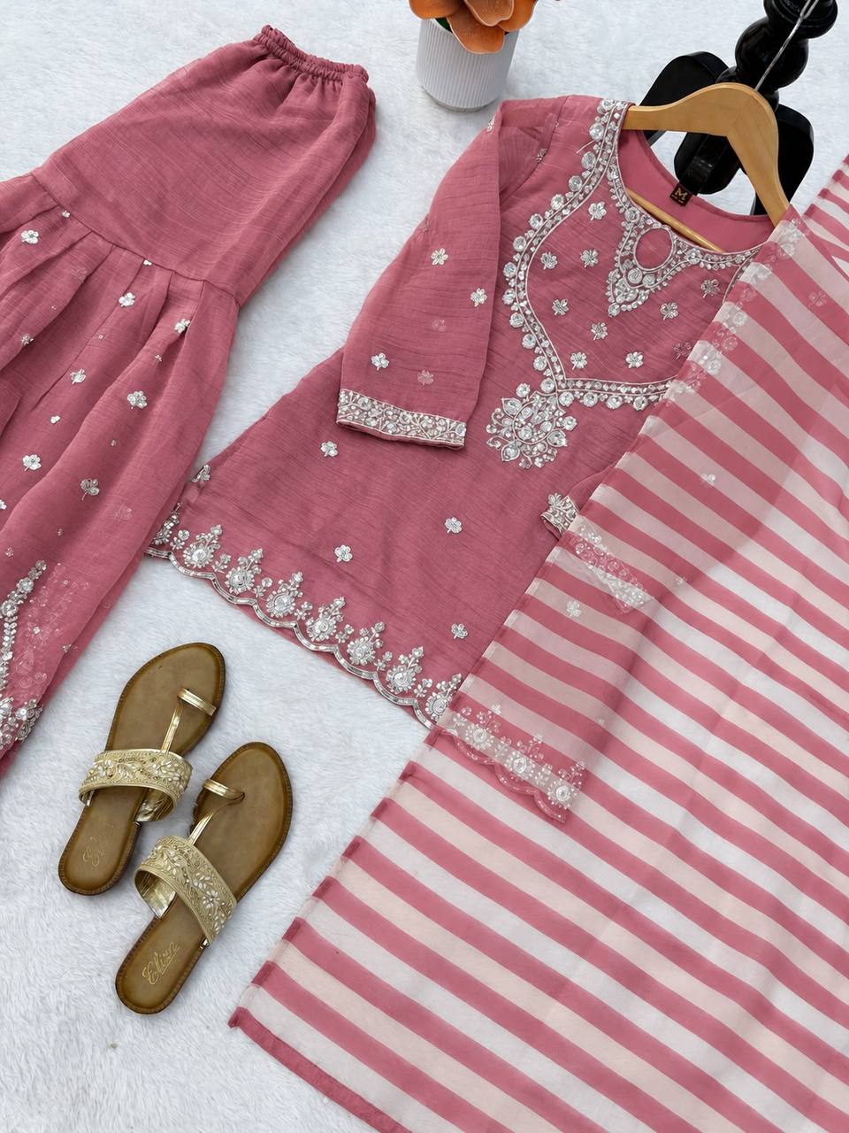 Dusty Rose Pink Silver Embroidered Sharara Suit with Striped Dupatta