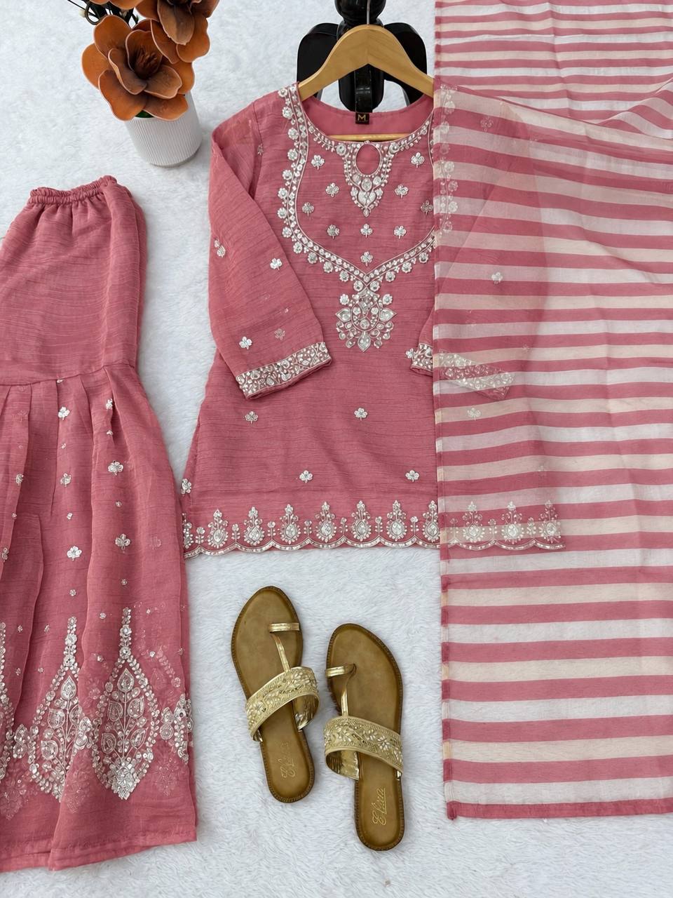 Dusty Rose Pink Silver Embroidered Sharara Suit with Striped Dupatta