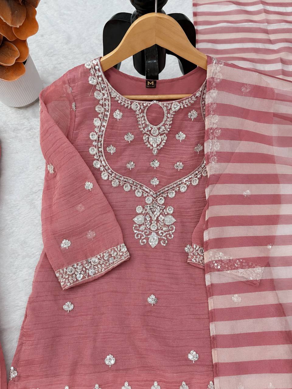 Dusty Rose Pink Silver Embroidered Sharara Suit with Striped Dupatta