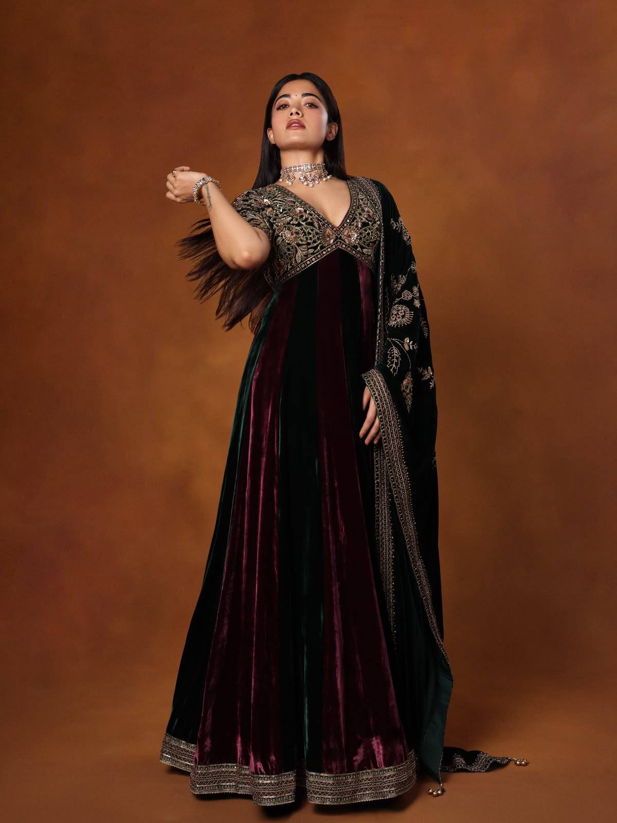 Dark Green & Wine Embroidered Velvet Anarkali Gown