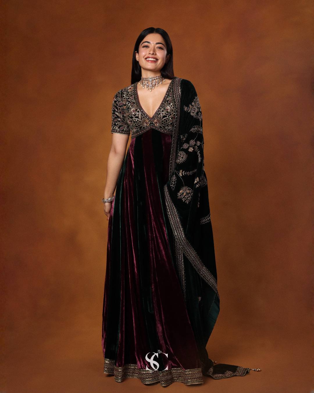 Dark Green & Wine Embroidered Velvet Anarkali Gown