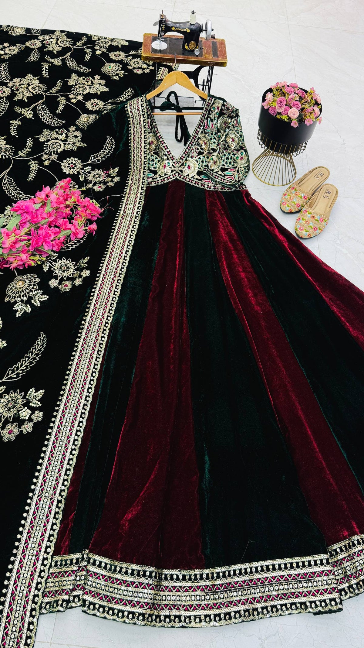 Dark Green & Wine Embroidered Velvet Anarkali Gown