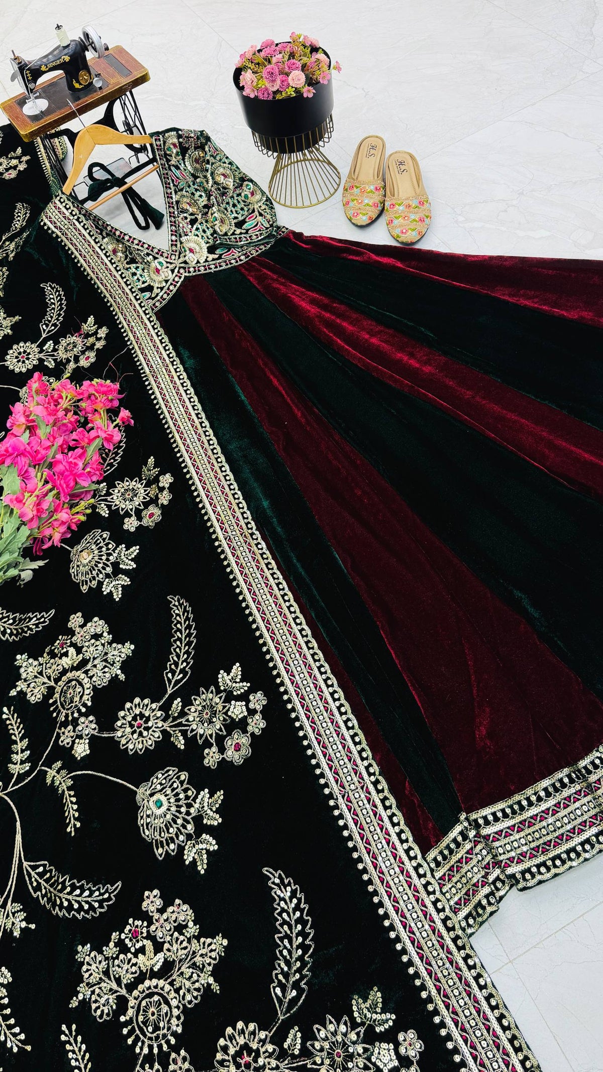 Dark Green & Wine Embroidered Velvet Anarkali Gown