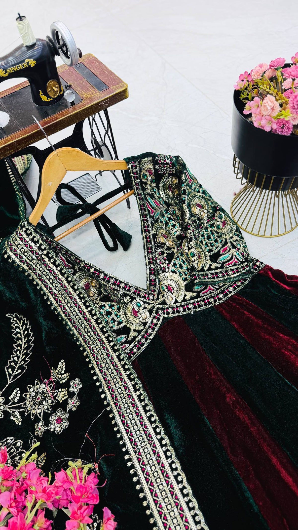 Dark Green & Wine Embroidered Velvet Anarkali Gown