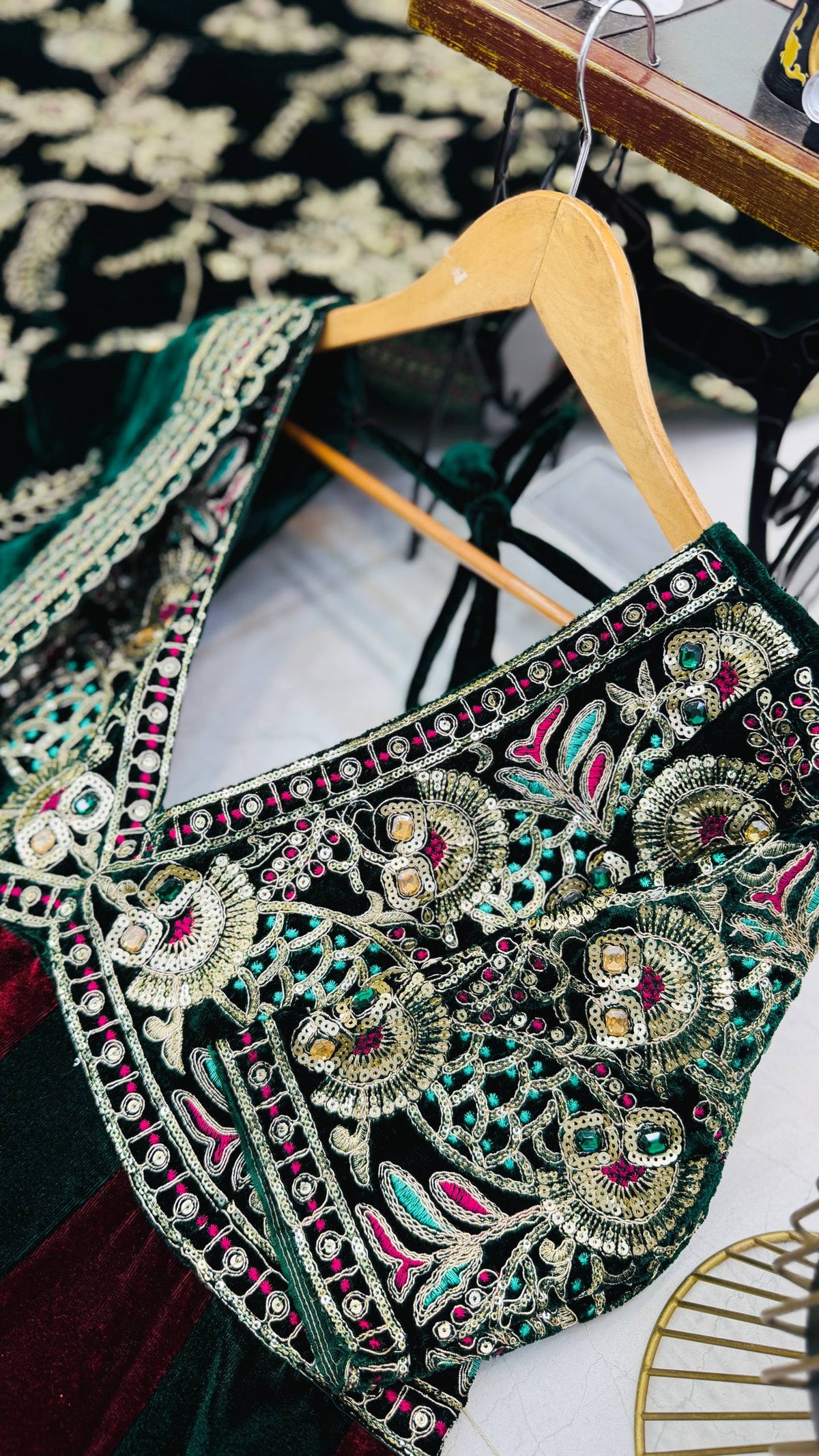 Dark Green & Wine Embroidered Velvet Anarkali Gown