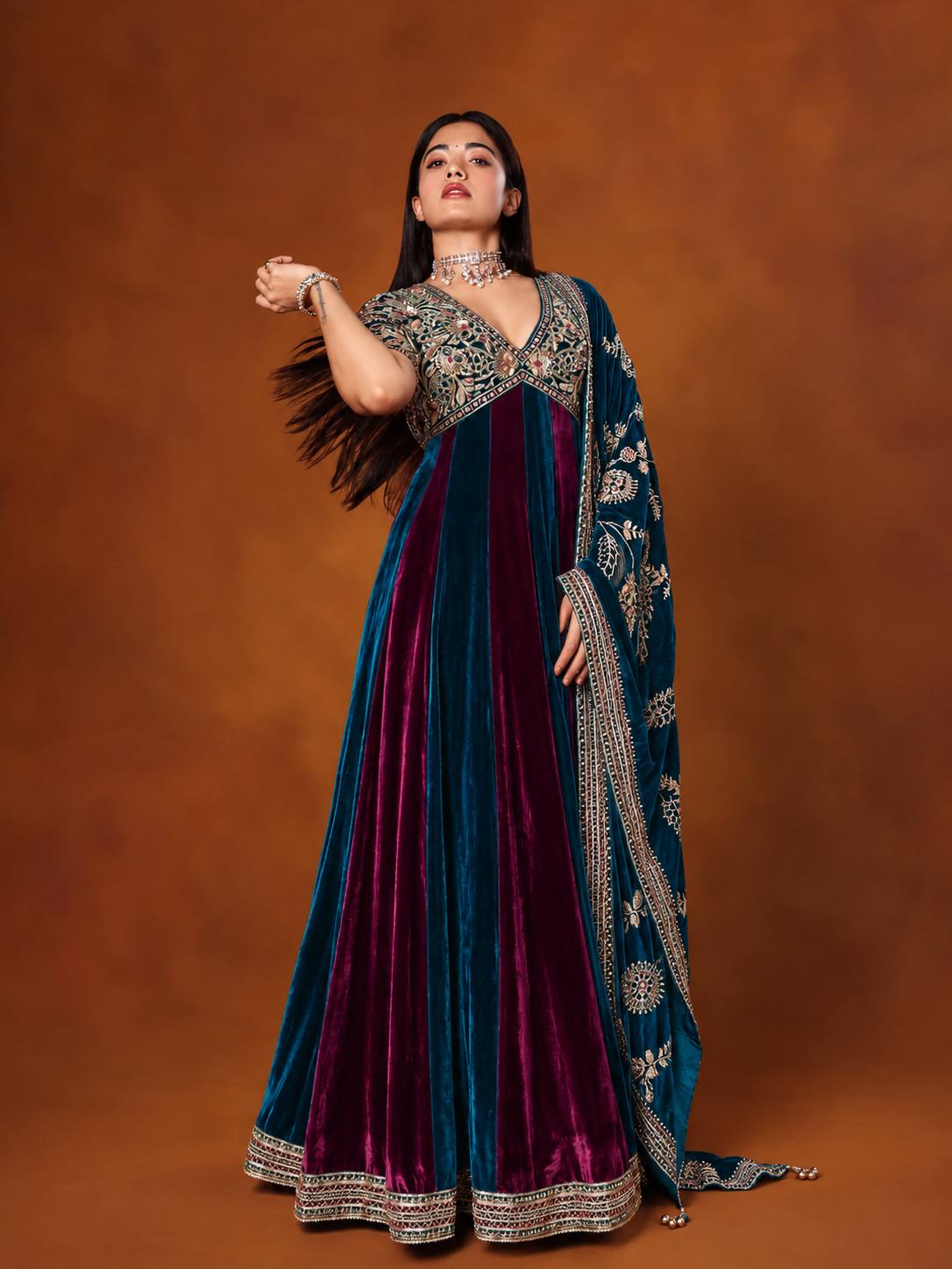 Peacock Blue & Wine Embroidered Velvet Anarkali Gown