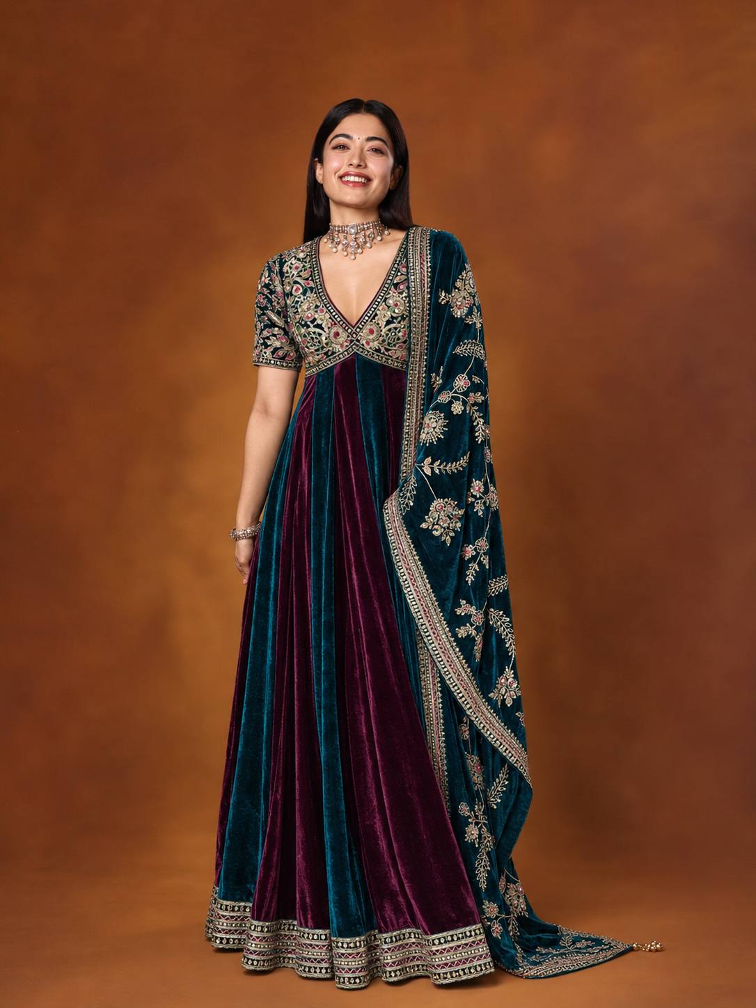 Peacock Blue & Wine Embroidered Velvet Anarkali Gown
