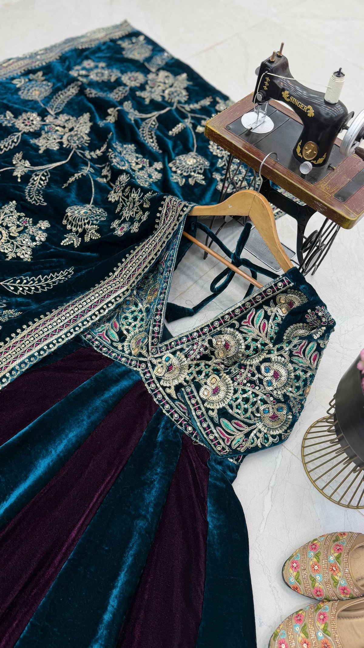 Peacock Blue & Wine Embroidered Velvet Anarkali Gown