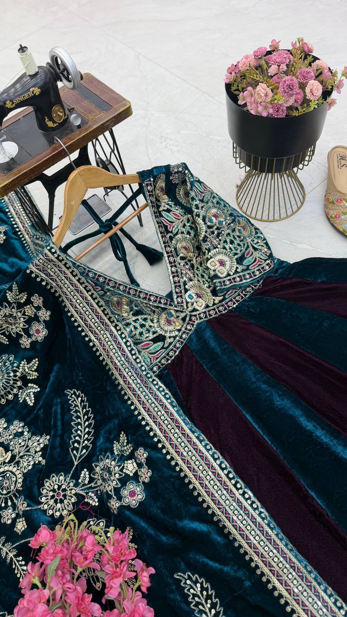Peacock Blue & Wine Embroidered Velvet Anarkali Gown