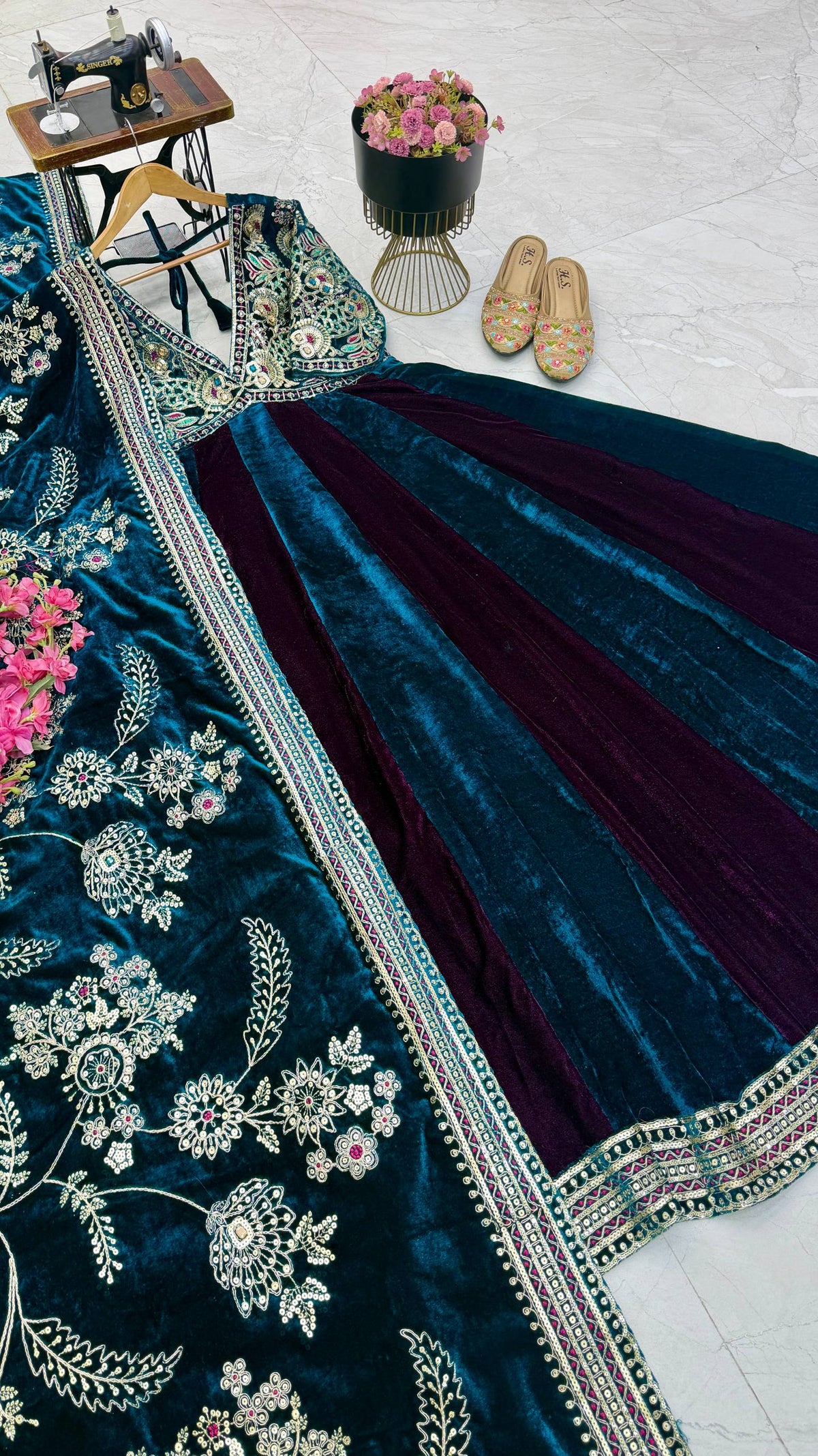 Peacock Blue & Wine Embroidered Velvet Anarkali Gown