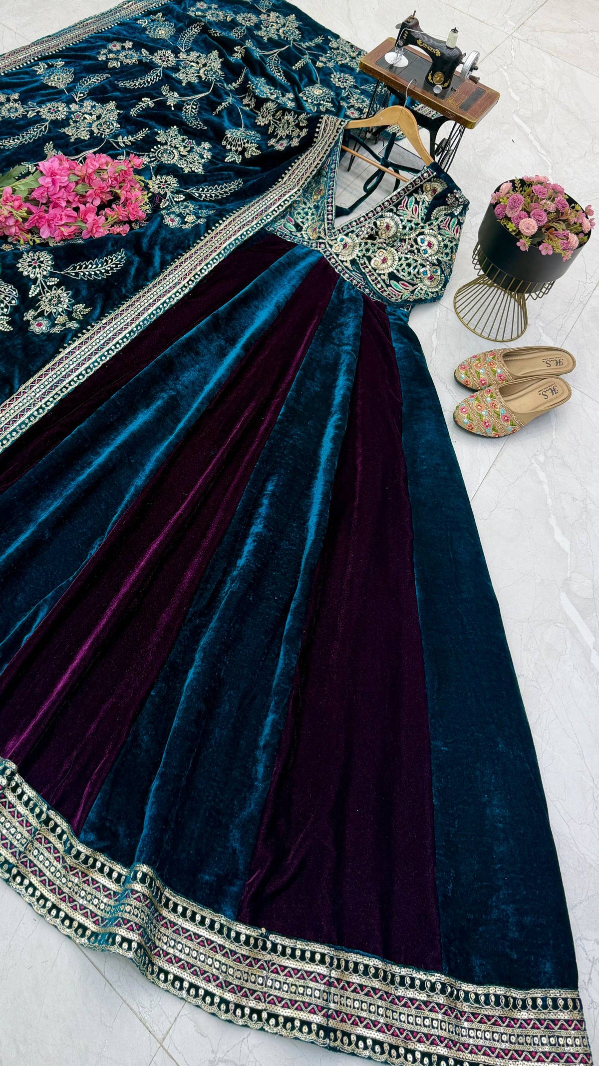 Peacock Blue & Wine Embroidered Velvet Anarkali Gown