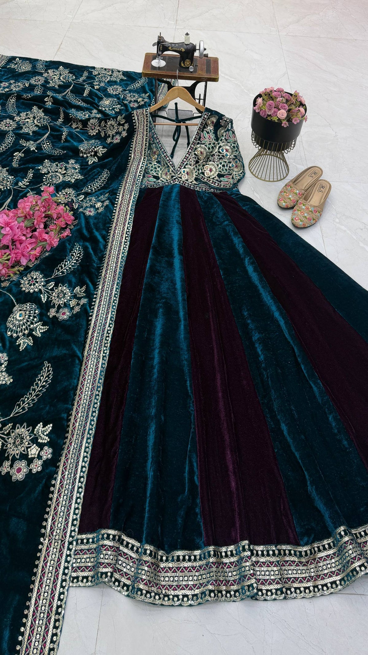 Peacock Blue & Wine Embroidered Velvet Anarkali Gown
