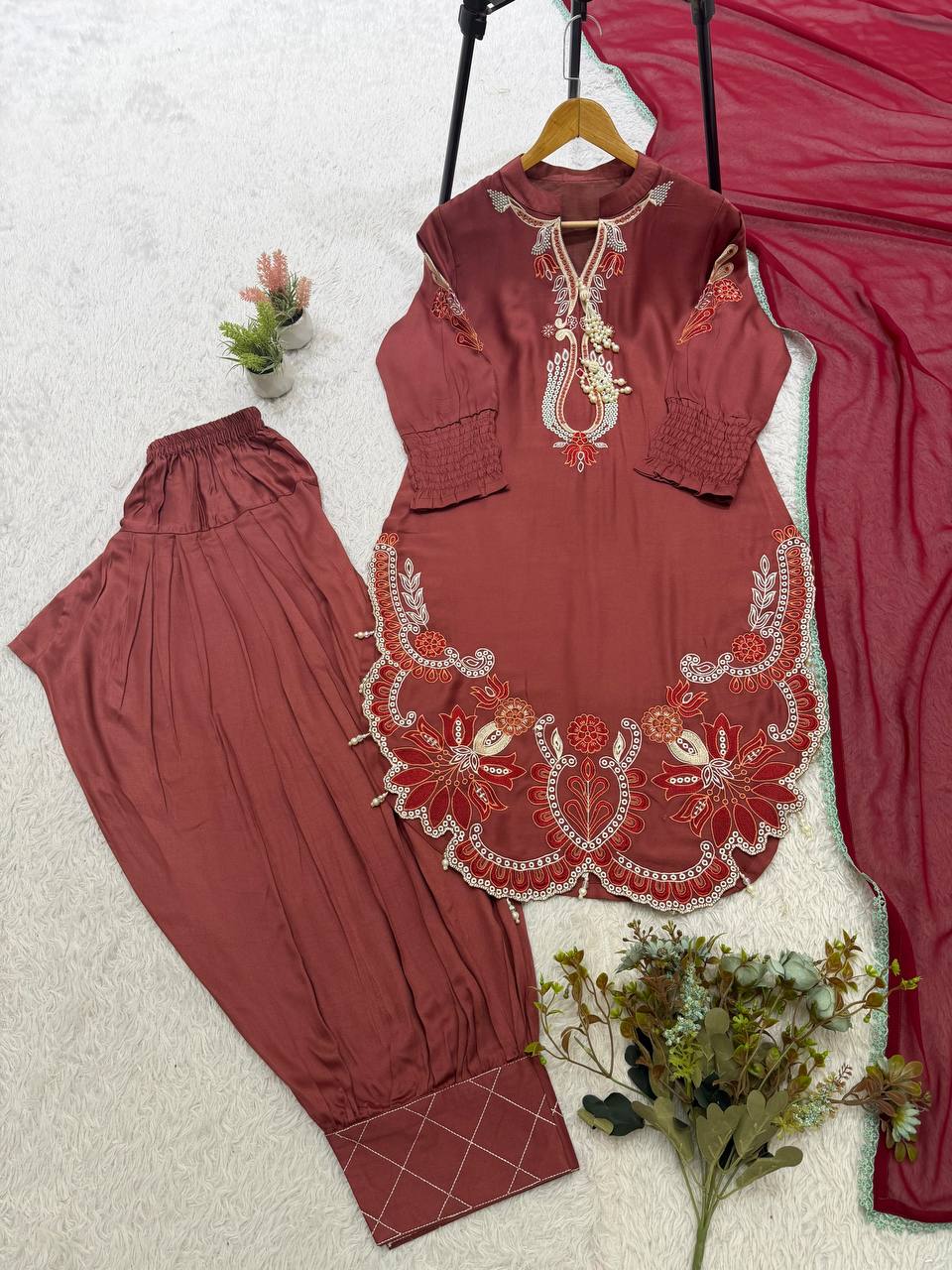 Dusty Rust Maroon Embroidered Patiyala Salwar Suit