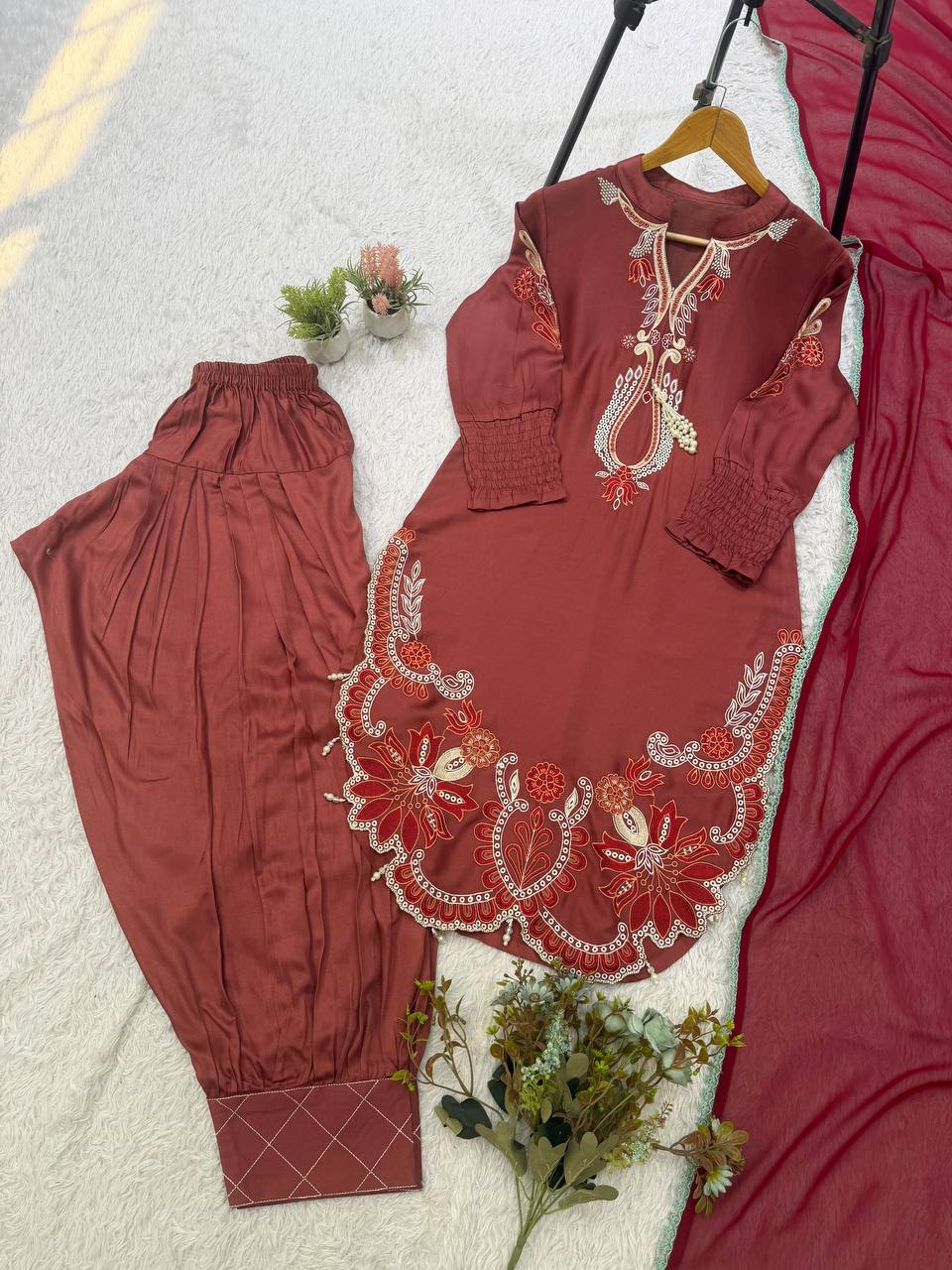 Dusty Rust Maroon Embroidered Patiyala Salwar Suit