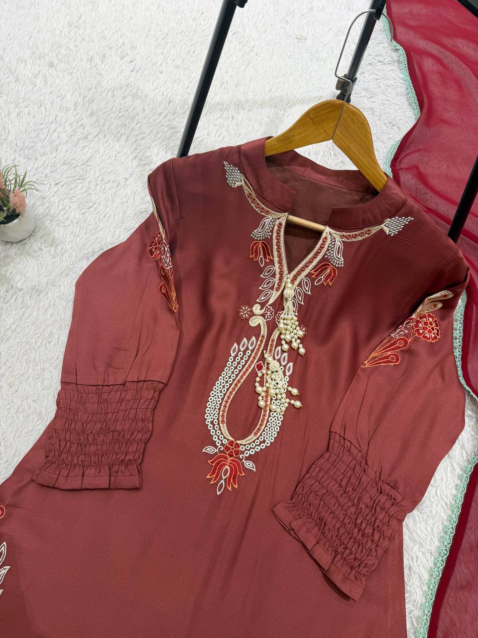 Dusty Rust Maroon Embroidered Patiyala Salwar Suit