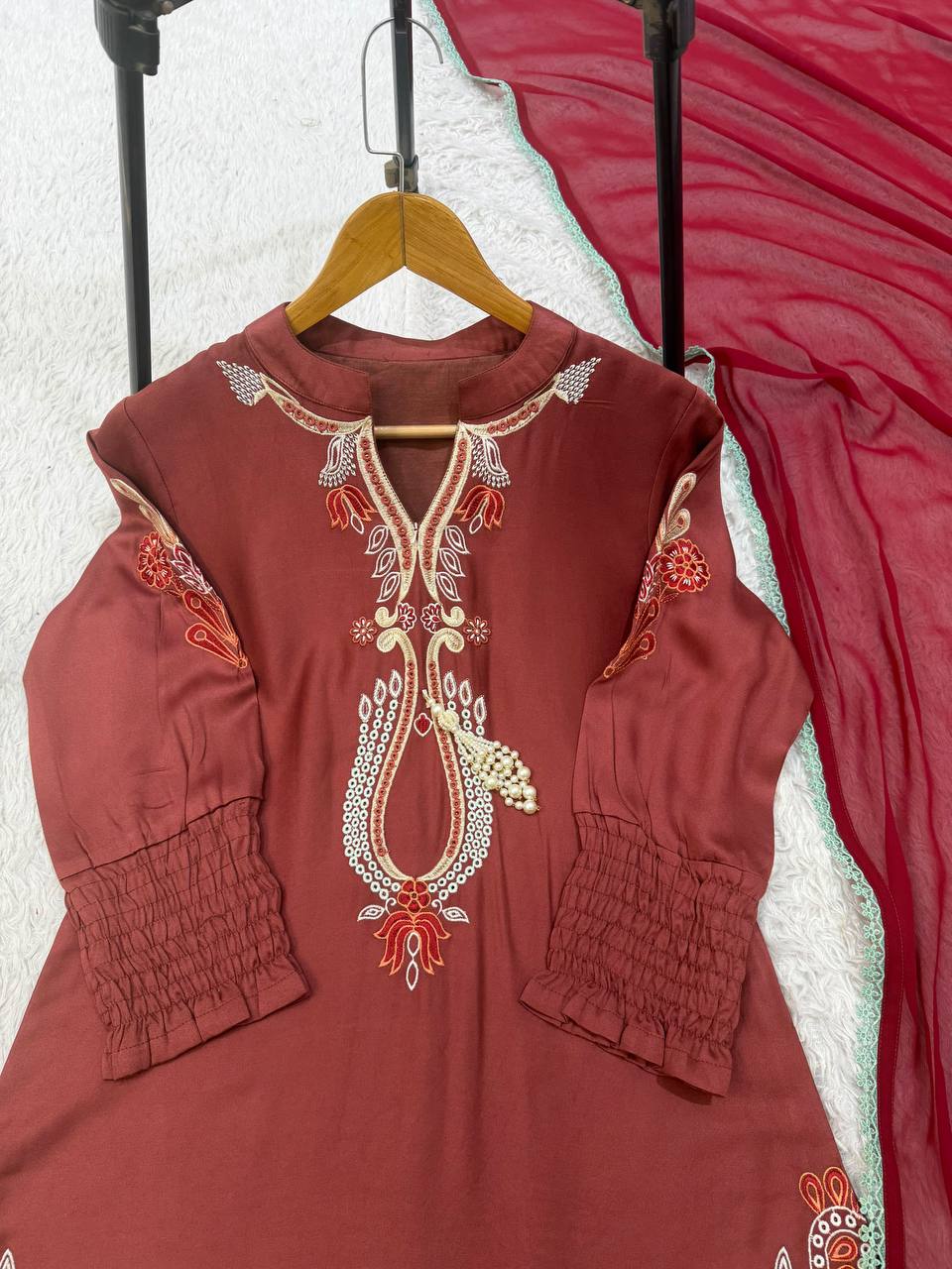 Dusty Rust Maroon Embroidered Patiyala Salwar Suit