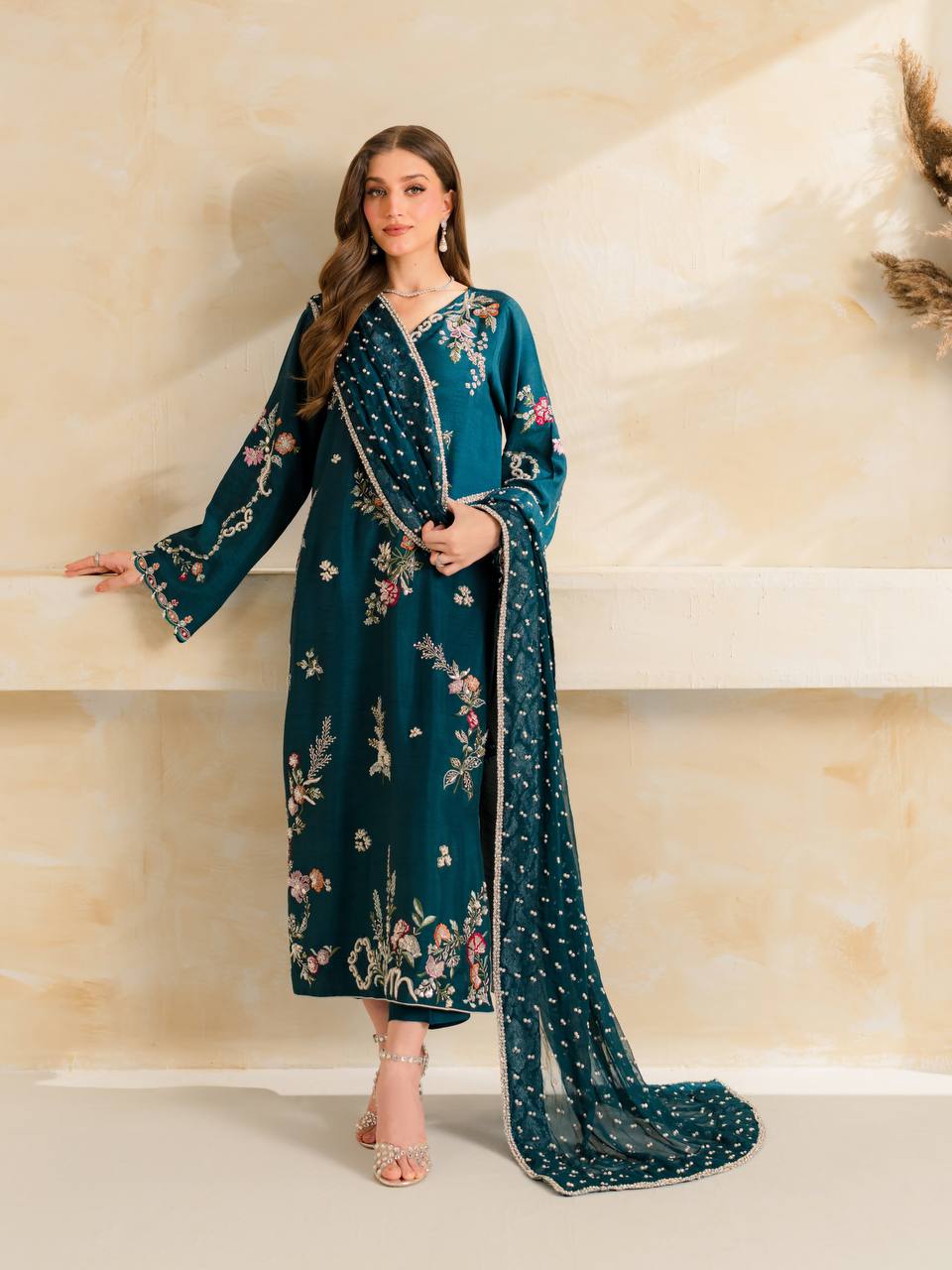Peacock Blue Embroidered Pakistani Salwar Suit Set