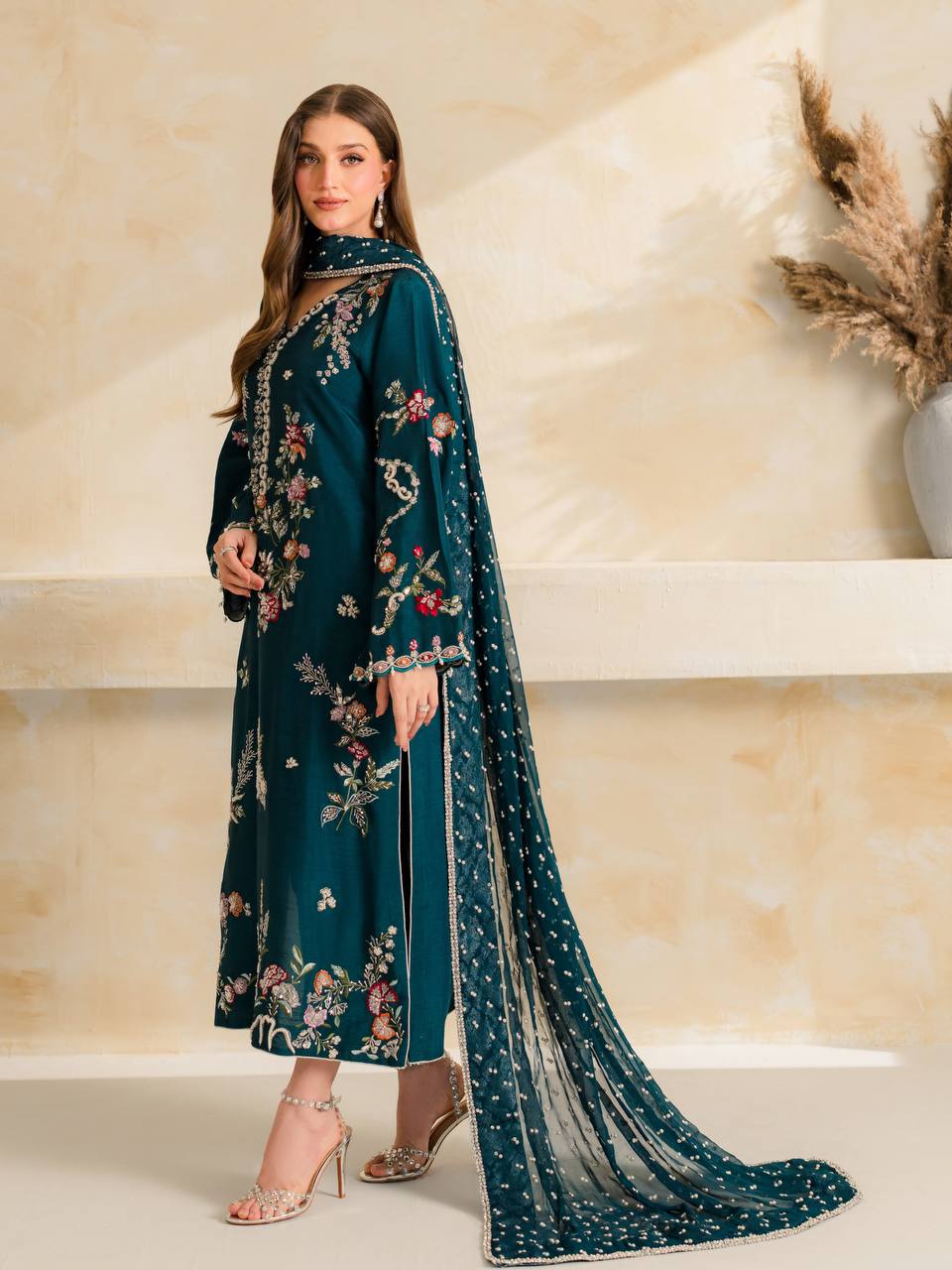 Peacock Blue Embroidered Pakistani Salwar Suit Set