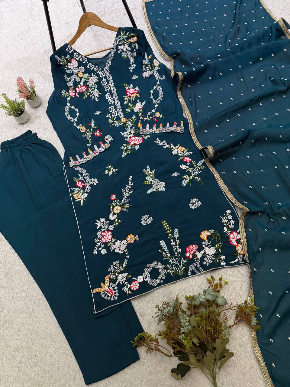 Peacock Blue Embroidered Pakistani Salwar Suit Set