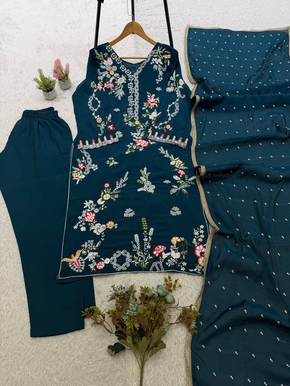 Peacock Blue Embroidered Pakistani Salwar Suit Set