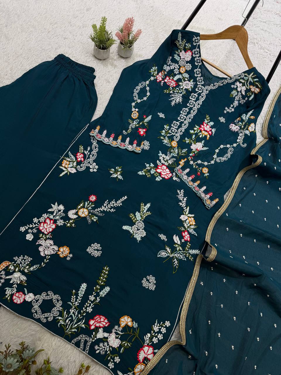 Peacock Blue Embroidered Pakistani Salwar Suit Set