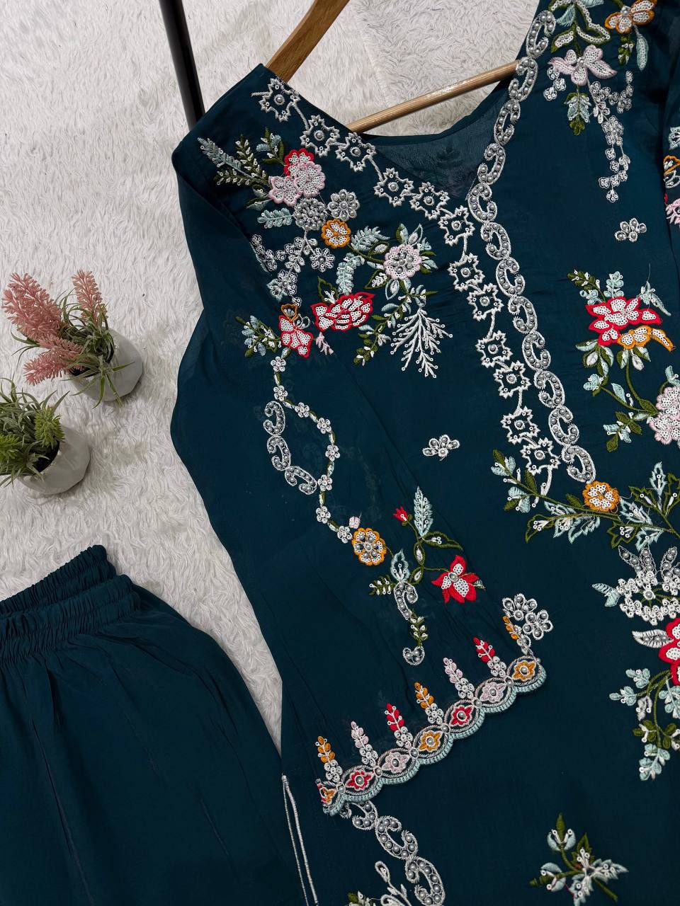 Peacock Blue Embroidered Pakistani Salwar Suit Set