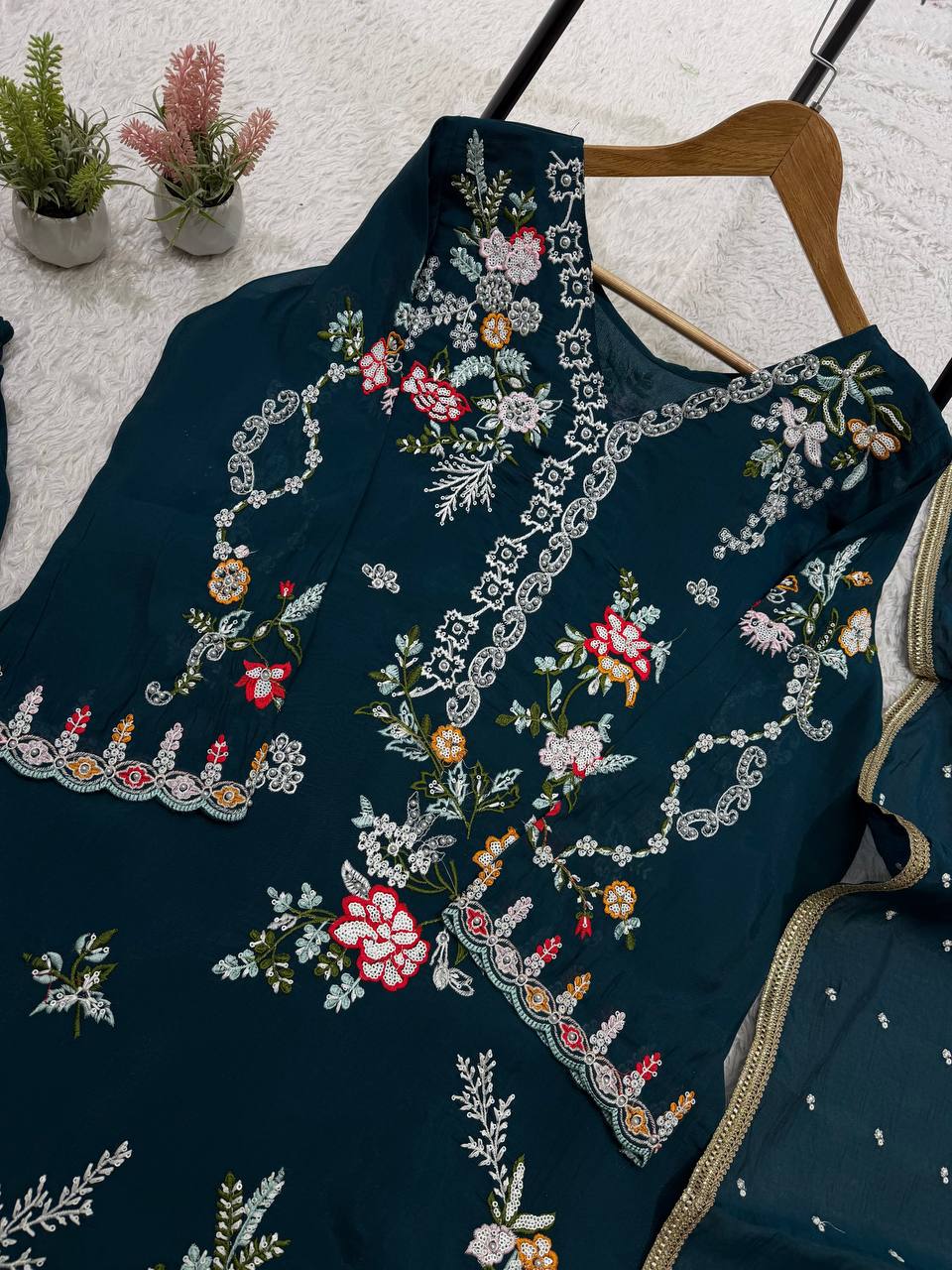 Peacock Blue Embroidered Pakistani Salwar Suit Set