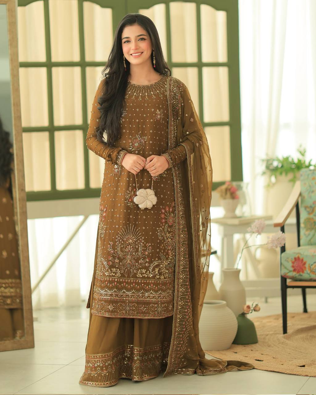 Antique Bronze Brown Embroidered Palazzo Suit with Dupatta