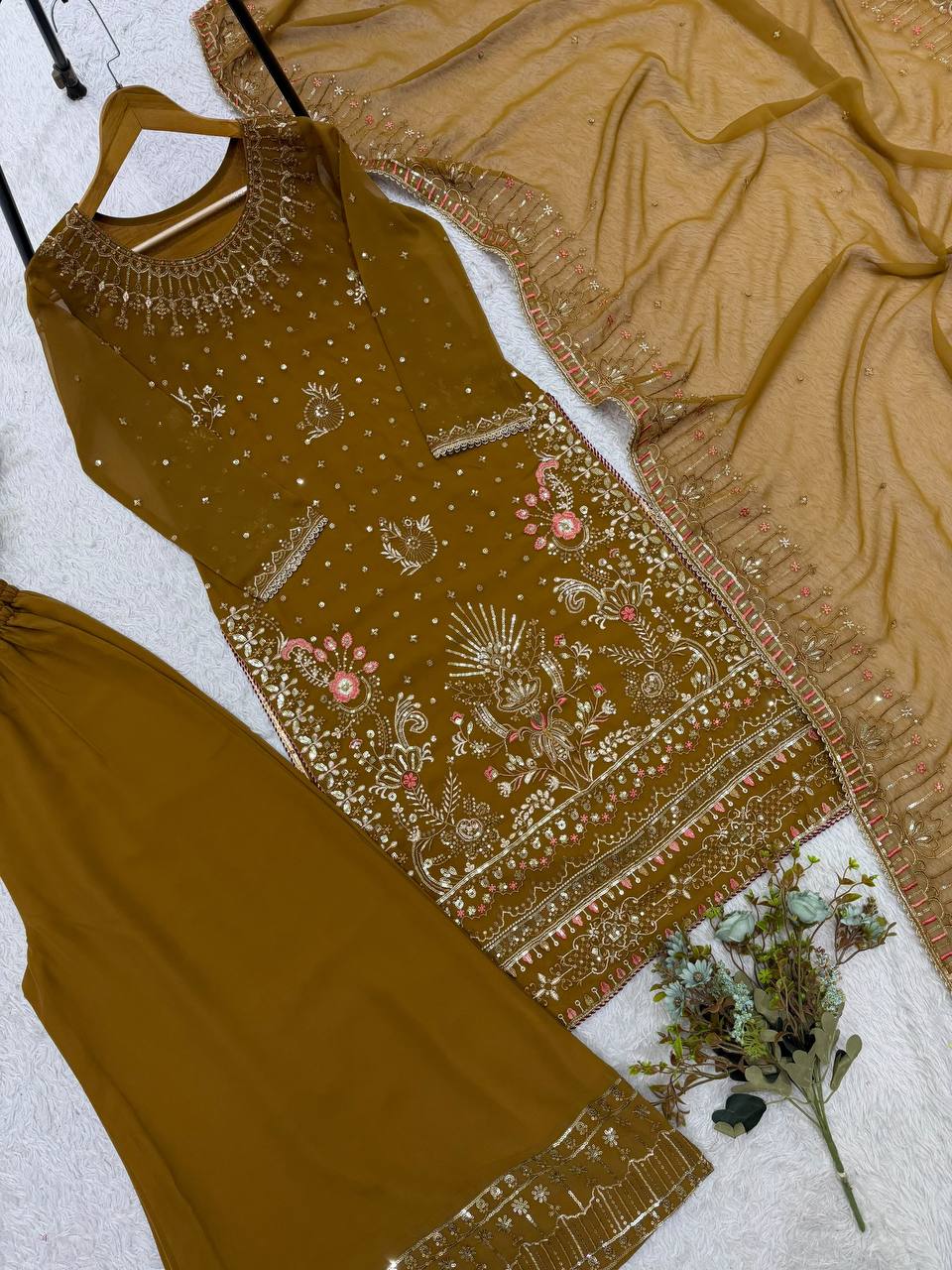 Antique Bronze Brown Embroidered Palazzo Suit with Dupatta