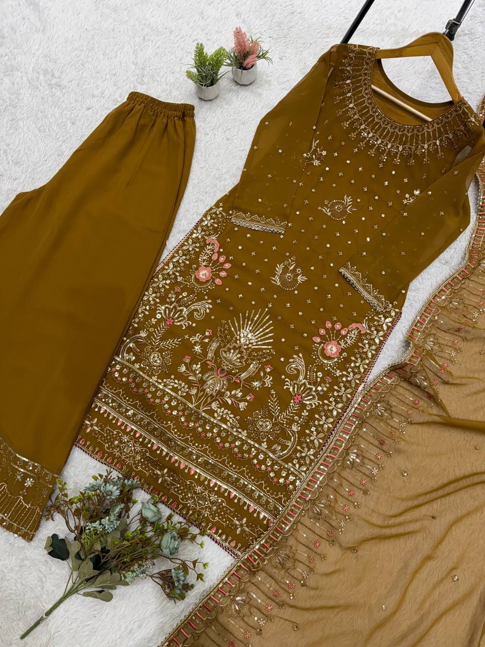 Antique Bronze Brown Embroidered Palazzo Suit with Dupatta