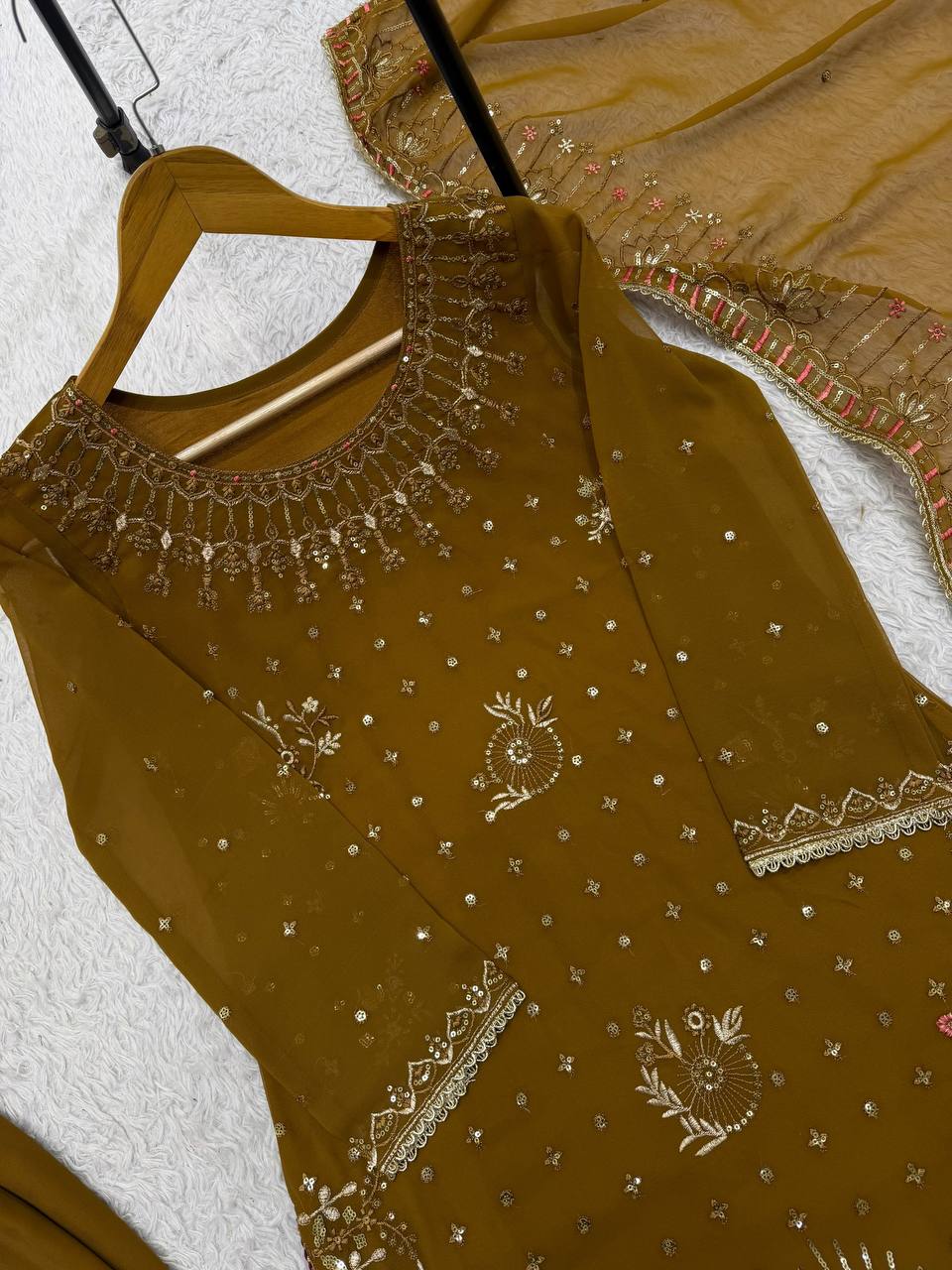 Antique Bronze Brown Embroidered Palazzo Suit with Dupatta